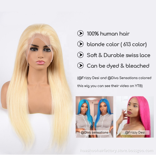 Preplucked Straight Real Human Hair Natural Long Pre Pluck Light Blonde 613 360 Lace Frontal Wig